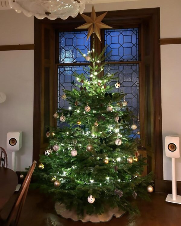 8ft Nordmann Fir Christmas tree with gold baubles and a star topper in front of a leaded window
